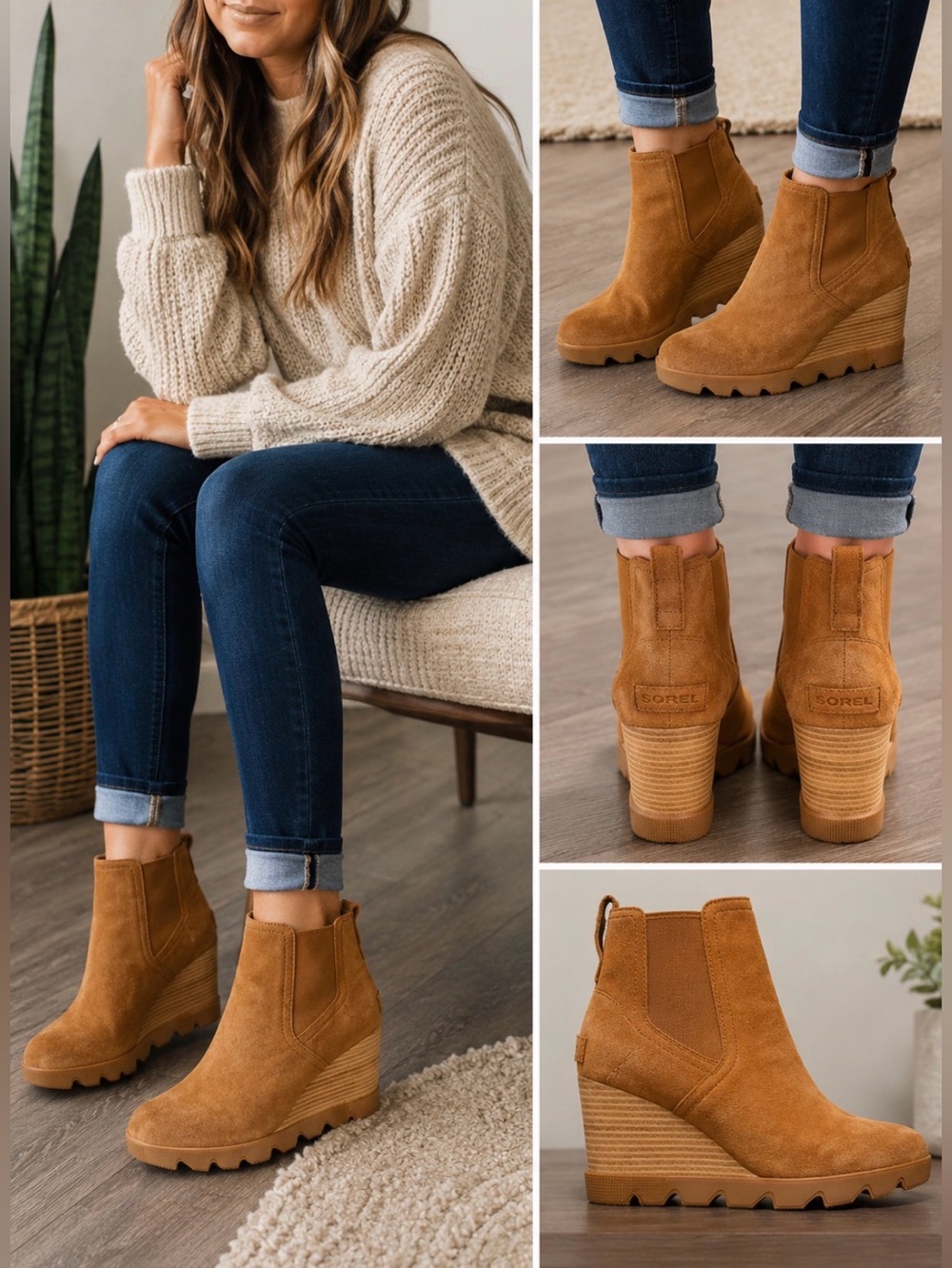 Sorel Cognac Suede Wedge Ankle Booties Chelsea Boots Lug Sole Size 9